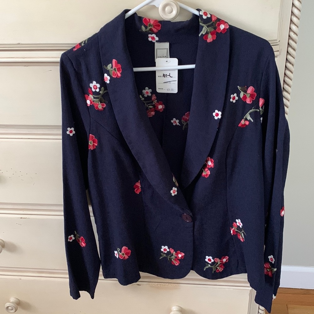 Lilian Jacket Embroidered Navy Blue Floral NWT Women’s M-L 100% Cotton Jacket